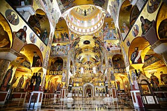 Morning in gold lighted church.