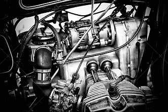 Gritty black and white motorcycle engine