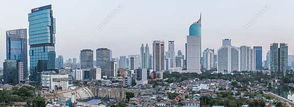 Jakarta, Indonesia - circa October 2015: Panorama of Jakarta skyscrapers at sunset