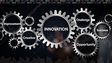 Gear with keyword, Challenge, Opportunity, Creative, Improvement, Success, Businessman touch screen &#x27;INNOVATION&#x27;