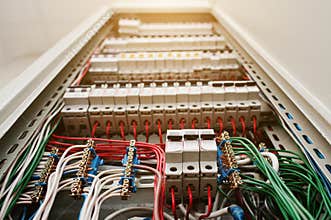 Close up view of electrical panel with fuses and contactors.