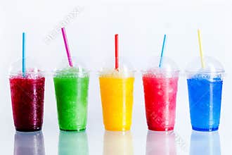 Row of Frozen Fruit Slushies in Plastic Cups