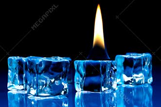 Flame burning on blue ice cubes