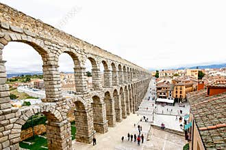 Plaza del Azoguejo and the ancient Roman aqueduct in Segovia, Sp