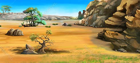 African Landscape with Trees Near the Mountains in a Summer Day