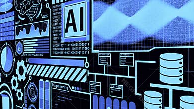 Futuristic detailed AI HUD including Cloud computing, Database, Coding, and many digital elements in Blue Color camera panning