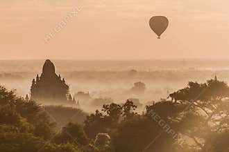 Balloons over Bagan and the skyline of its temples, Myanm
