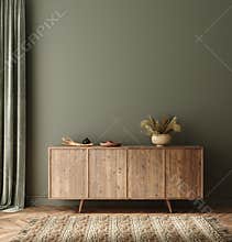 Commode with decor in living room interior, dark green wall mock up background