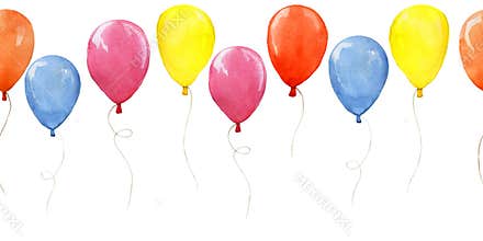 Watercolor seamless border, pattern with colored balloons. clipart, design for birthday, holiday, party. cute balloons in blue, re