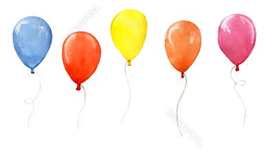 Watercolor set with colored balloons isolated on white background. collection of festive balloons, decoration for the holiday, bir