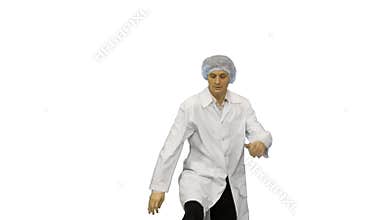 Young male doctor in white robe and protective cap dancing modern dance looking at camera on white background.