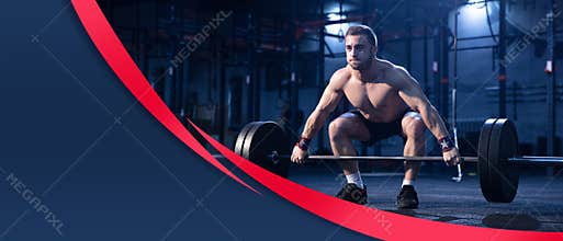 The male athlete training hard in the gym. Fitness and healthy lifestyle concept. Flyer.