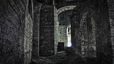 Dark dungeon, evil bats under the vault. dim sinister blue light at the bottom.