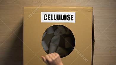Cellulose word written on box for paper cups, collecting waste for safe dispose
