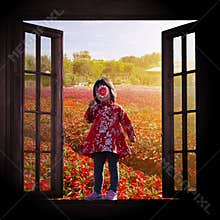 Pretty girl and flower field outside window