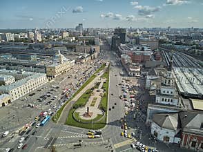 Moscow, Russia - July 21, 2019. Moscow top view at the Komsomolskaya square, also known as the square of three railway stations.