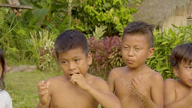 Happy indigenous children eats sugarcane