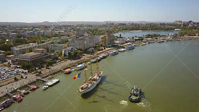 Training ship Mircea docking in Tulcea harbor, aerial view