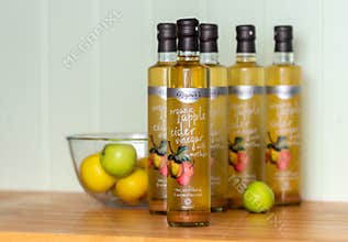 Bottles of Rayner`s organic apple cider vinegar with mother.
