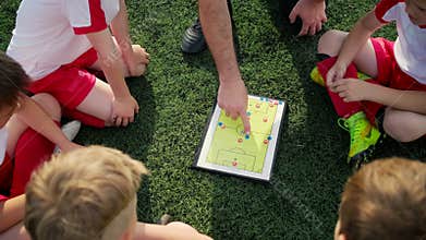 Coach explains game tactic moving coloured figures