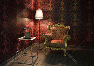 Corner of the room with red wallpaper