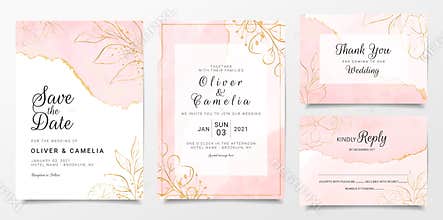Rose gold watercolor wedding invitation card template set with golden floral decoration. Abstract background save the date,