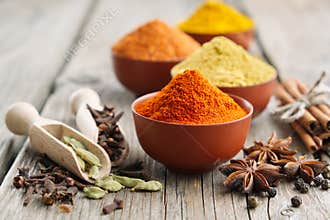 Aromatic spices - red chili pepper, turmeric, cardamom, cinnamon, cloves, anise, paprika. Ingredients for cooking.