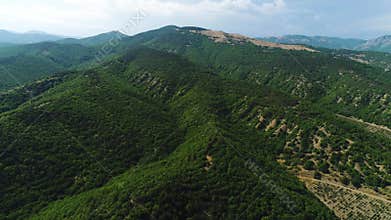 Breathtaking landscape of green forested mountains on blue cloudy sky background. Shot. Aerial of amazing green hills