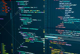 HTML web code. Markup. Javascript programming coding. Script language for software development
