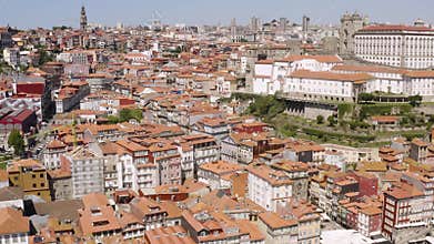 Flying with drone in Porto above town over the Douro river in Porto, Portugal