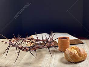 Communion, Bread and Wine, Crown of Thorns and Bible