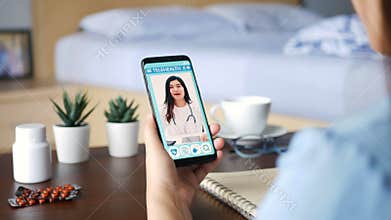 4K. sick quarantine patient use remote vdo conference, make online consultation with doctor on mobile application about illness