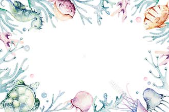 Set of sea animals. Blue watercolor ocean fish, turtle, whale and coral. Shell aquarium background. Nautical marine hand
