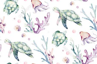 Sea animals blue watercolor ocean seamless pettern fish, turtle, whale and coral. Shell aquarium background. Nautical