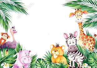 Watercolor frame with cute african cartoon animals.