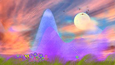 Daisies and butterfly. Moon in cloudy sky, purple mountains