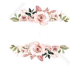 Floral frame of brown watercolor roses and wild flowers with various leaves. Botanic illustration for card composition design