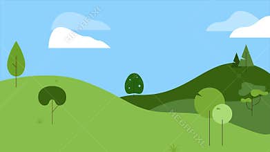 Animations of trees popping up on green grass and hills and blue sky