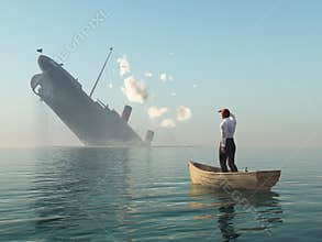Man in boat looking on shipwreck