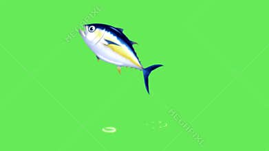 Animation fish jumping on green background.