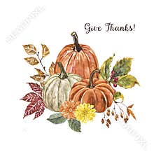 Watercolor pumpkin arrangement with fall flowers and foliage on white background. Autumn floral bouquet and pumpkin illustration.