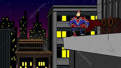 Super Hero Cartoon Character Over Building In A City