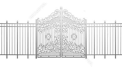 Animation of opening and closing gates. Fence. 3d rendered. Black and white.  Isolated from the background.