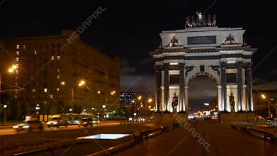 Moscow, Russia - July 20, 2019: Triumphal arch at night in Moscow