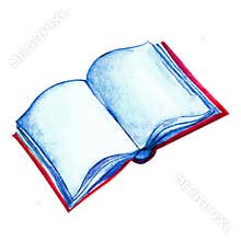 Open book, textbook in watercolor. Isolated object on white background. Drawn illustration in a childish, fun, cartoon