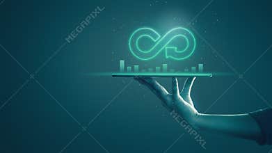 Circular economy with infinite concept. Business man showing arrow infinity symbol with neon light and dark background. Graph