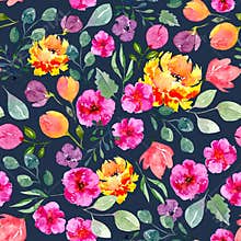 Seamless texture of watercolor flowers and leaves on dark background. Bright summer print with foliage and floral elements