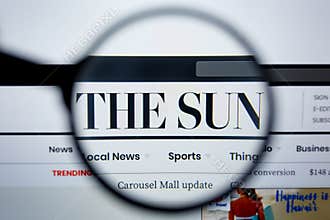Los Angeles, California, USA - 29 Jule 2019: Illustrative Editorial of THESUN.COM website homepage. THE SUN logo visible