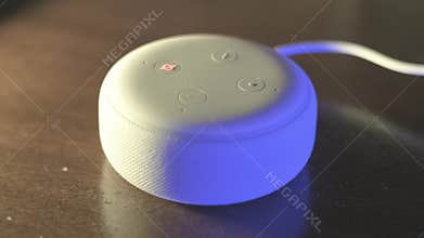 White Amazon Alexa Echo Dot 3rd Generation with different light colors effects..