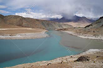 Indus River in Himalaya mountains and mist
